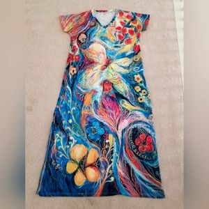 Exclusive Heart Floral Artistic Abstract Peacock Print Maxi Dress Size XL